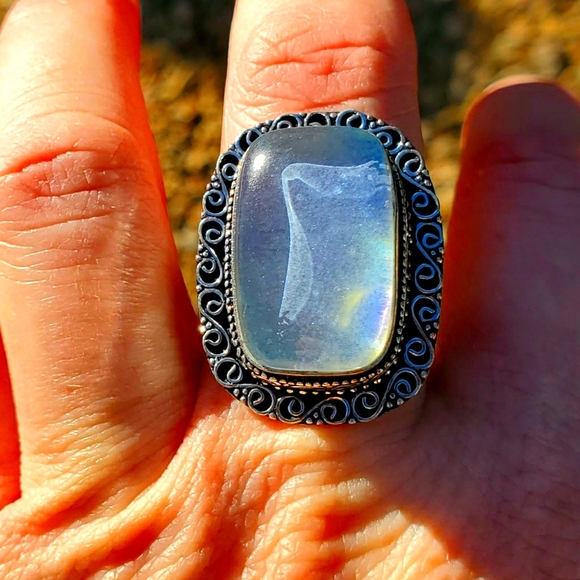 New Rainbow Dichroic Glass 925 Silver Statement Ring. - Picture 2 of 15